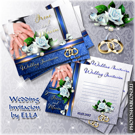 Многослойные приглашения на свадьбу с розами и свадебными кольцами