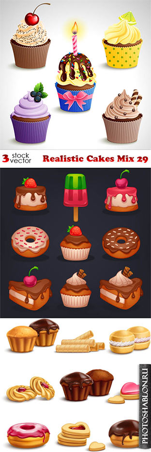 Векторный клипарт - Пирожные, кексы, печенье / Realistic Cakes Mix 29